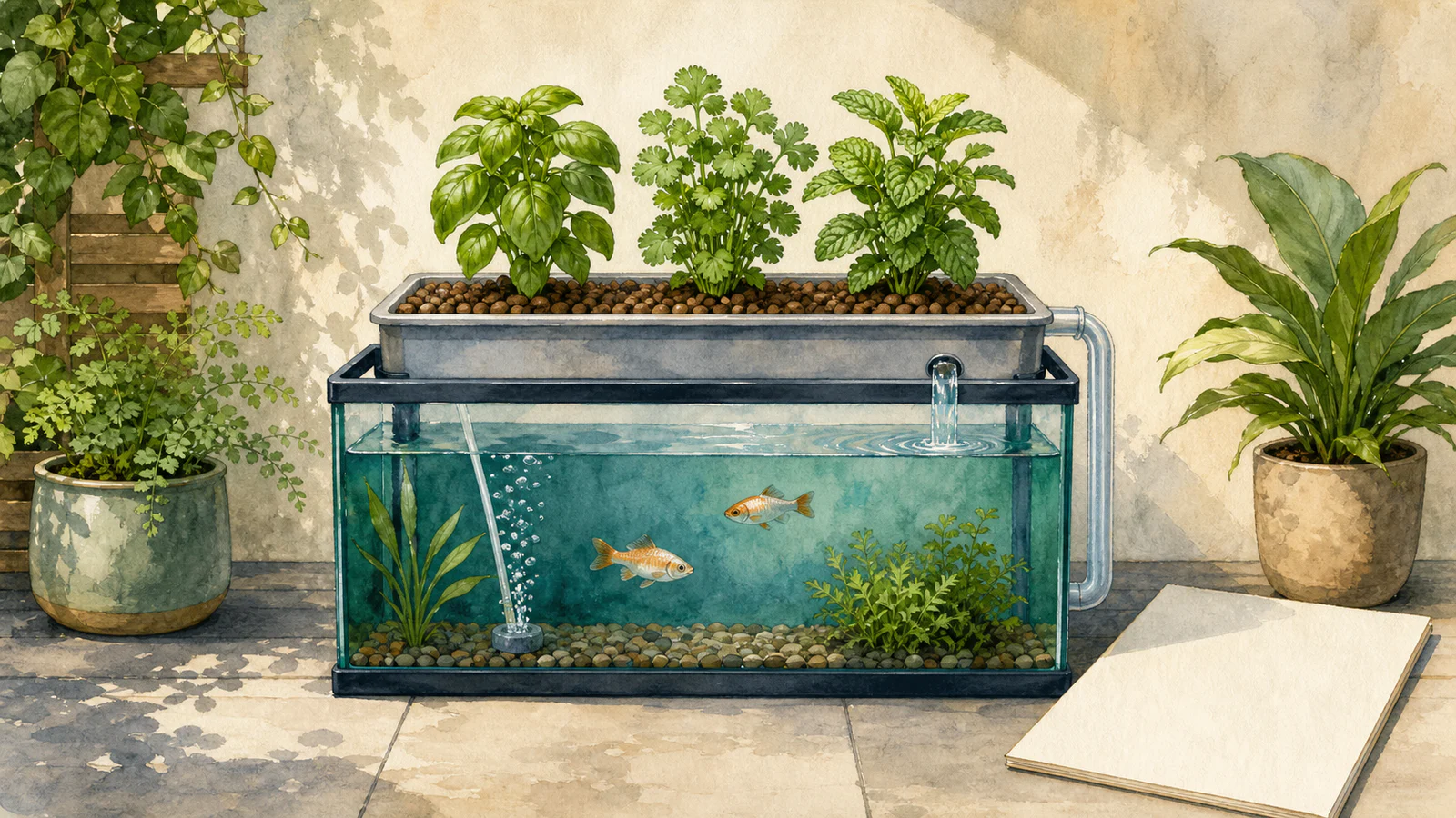 Compact aquaponics tank with two fish, three herb plants, an air line, and a blank planning sheet