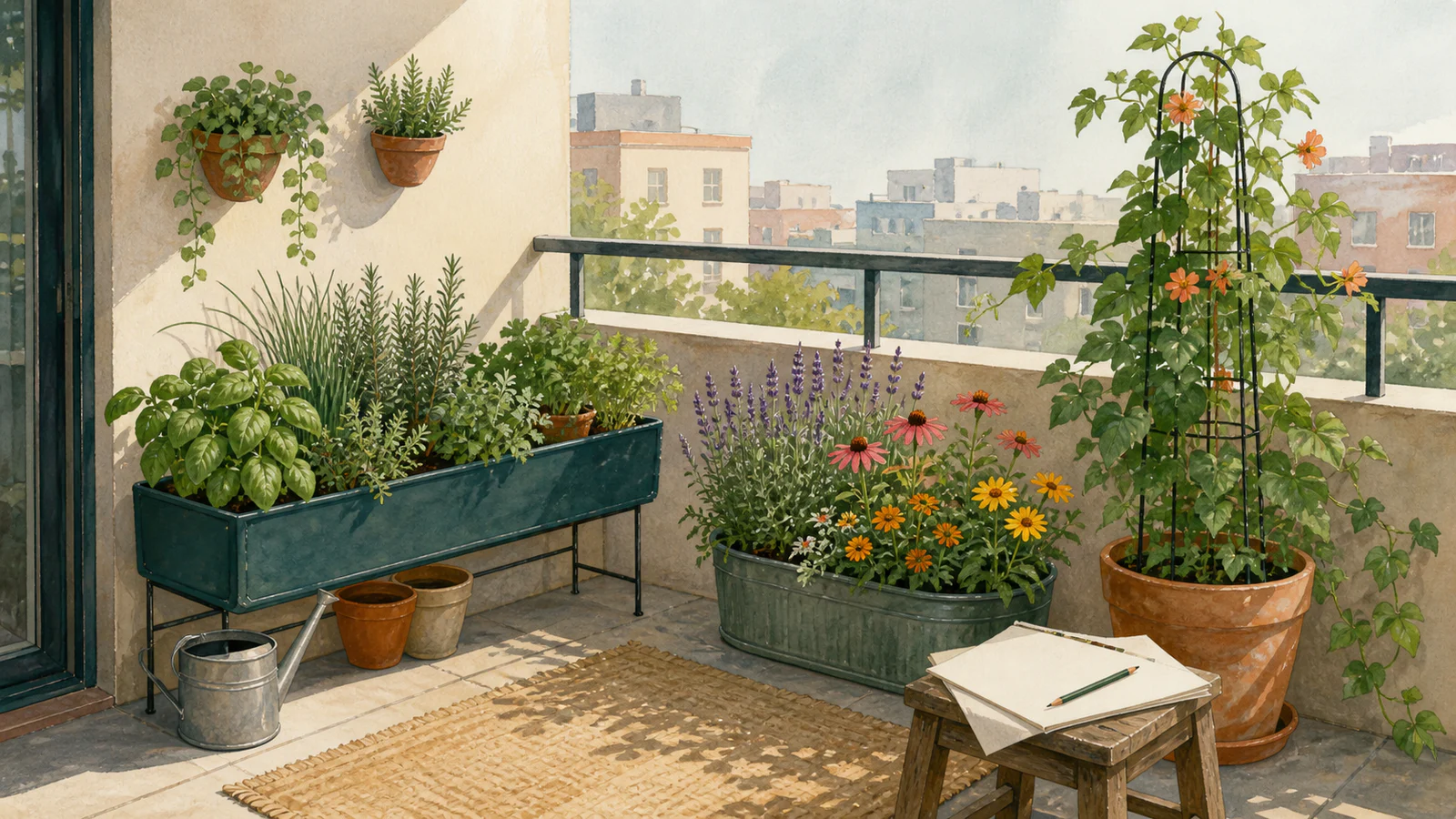 Small balcony garden with herb planter, pollinator flowers, climbing vine, and blank planning sheet
