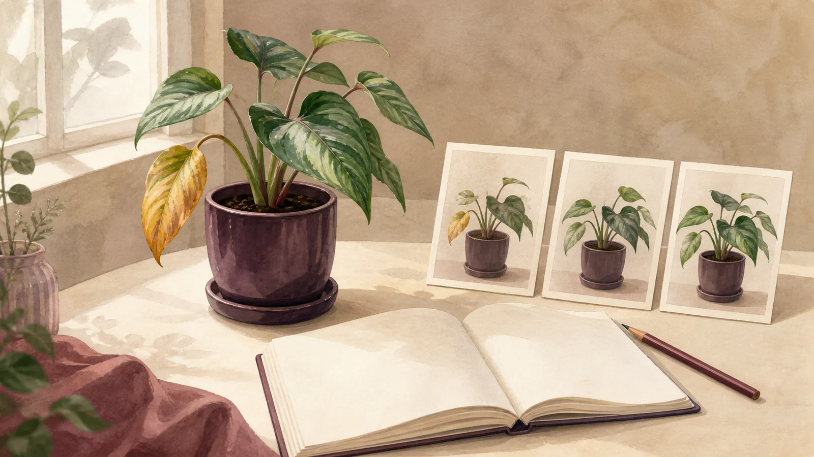Recovering houseplant beside three progress photos and a blank observation journal