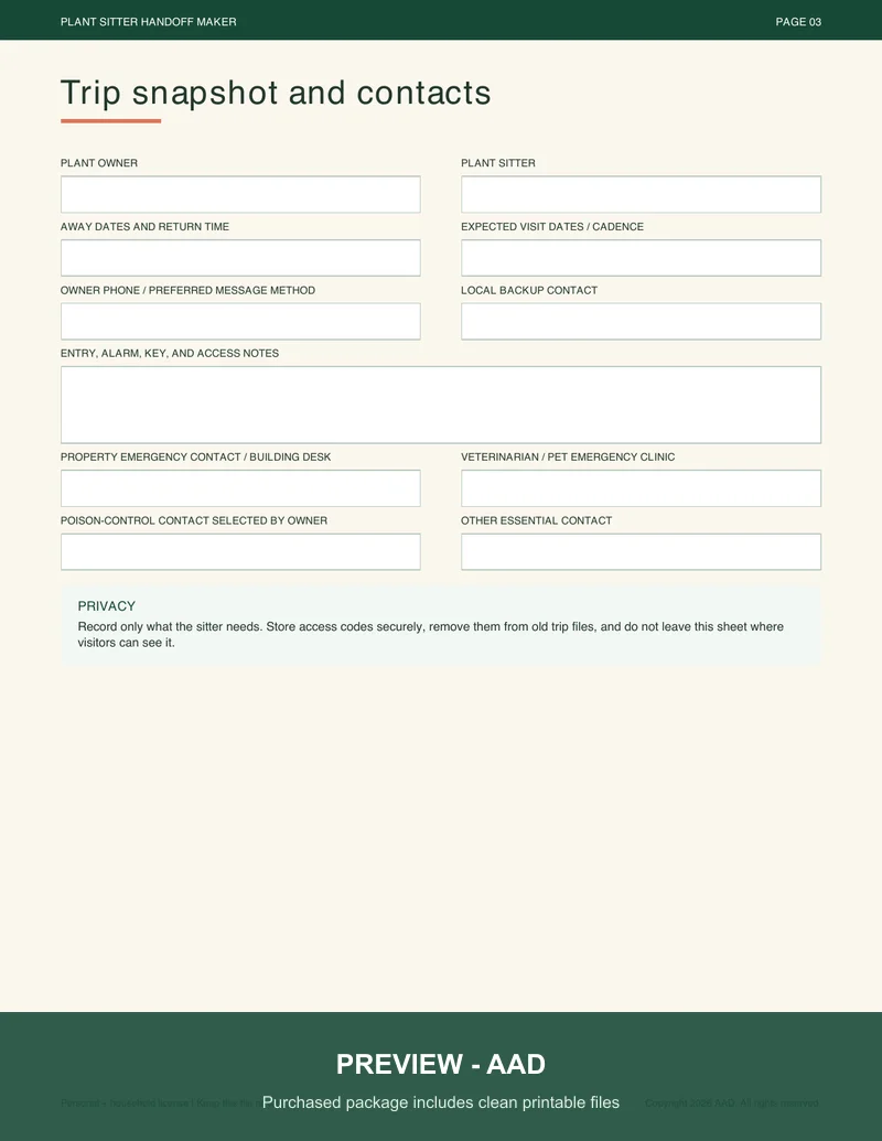 Watermarked preview of the trip snapshot and contact form