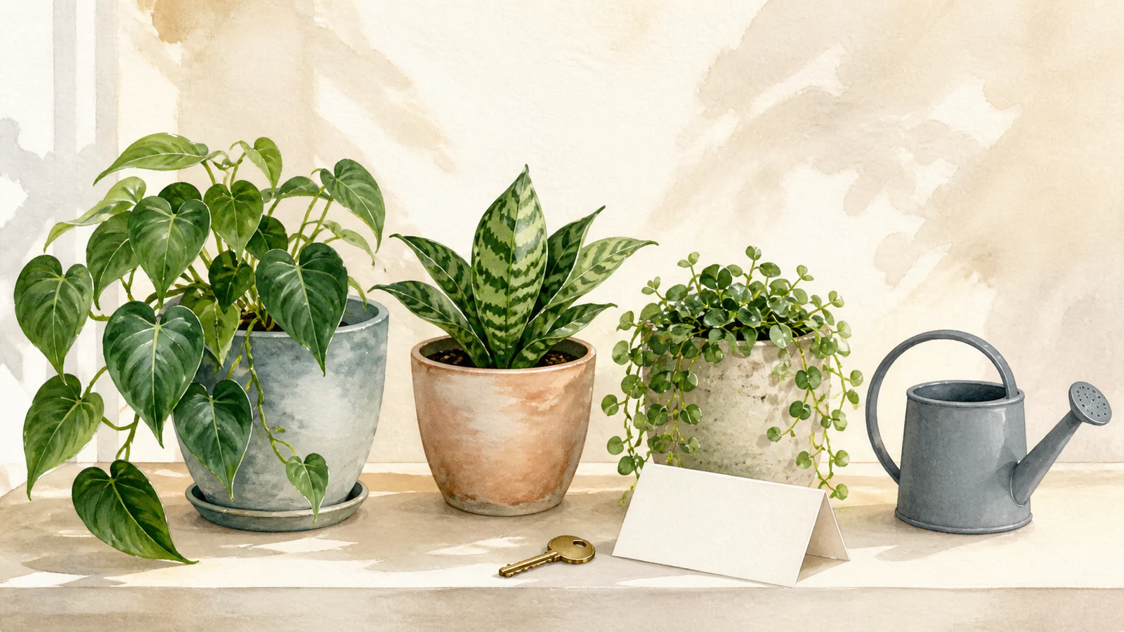 Three houseplants beside a watering can, house key, and blank folded care card