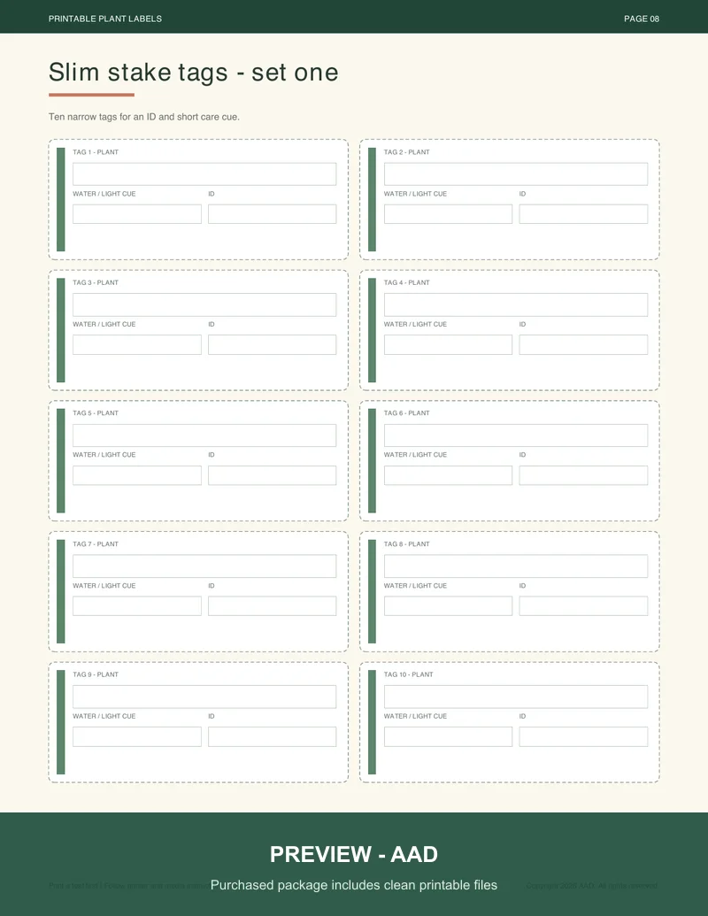 Watermarked preview of ten printable slim plant stake tags