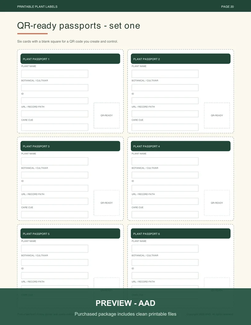 Watermarked preview of six QR-ready plant passport cards