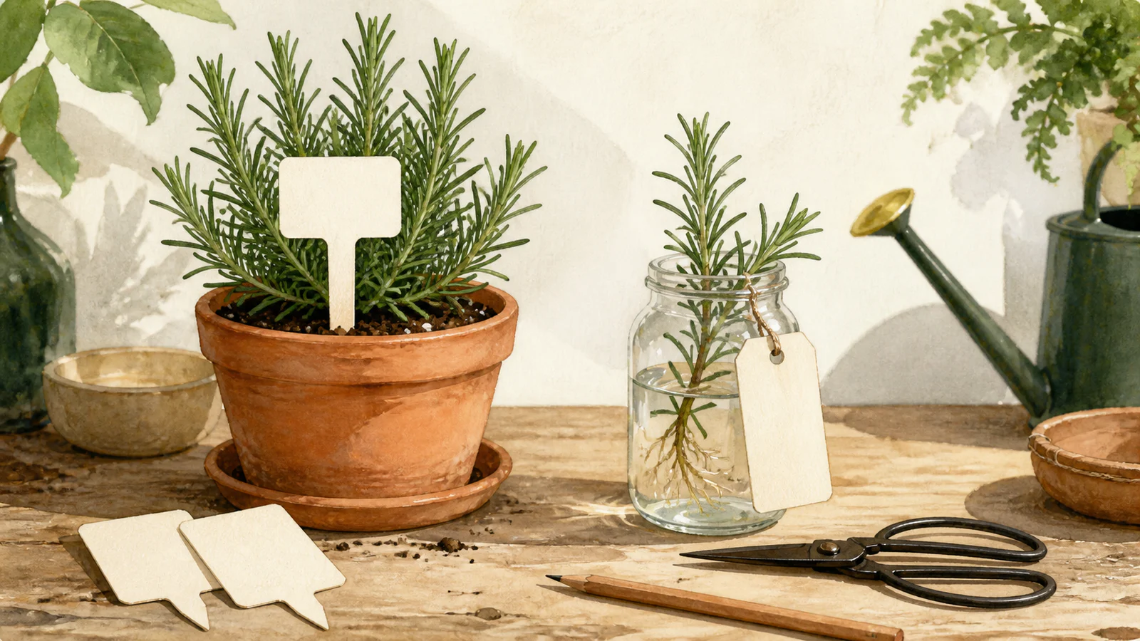 Rosemary pot and rooted cutting organized with blank stake, hanging, and card labels